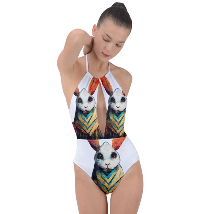 Rabbit T-shirtrabbit Watercolor Painting #rabbit T-shirt (2) Plunge Cut Halter Swimsuit