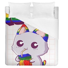 Gay Pride T- Shirt Gay Pride Kawaii Cat Strawberry Milk Rainbow Flag T- Shirt Duvet Cover Double Side (queen Size) by ZUXUMI