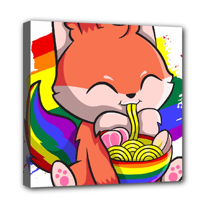 Gay Pride T- Shirt Gay Pride Kawaii Fox Ramen Noodles Rainbow Flag T- Shirt Mini Canvas 8  x 8  (Stretched)