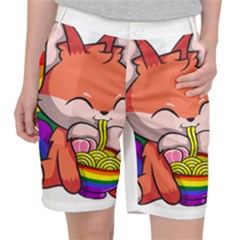 Gay Pride T- Shirt Gay Pride Kawaii Fox Ramen Noodles Rainbow Flag T- Shirt Women s Pocket Shorts by ZUXUMI