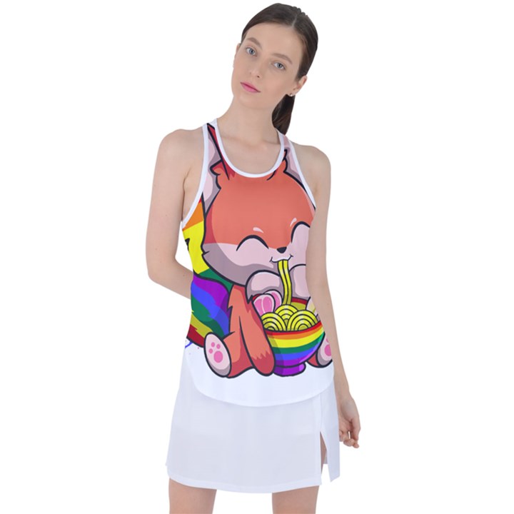 Gay Pride T- Shirt Gay Pride Kawaii Fox Ramen Noodles Rainbow Flag T- Shirt Racer Back Mesh Tank Top