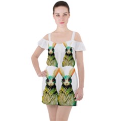 Rabbit T-shirtrabbit Watercolor Painting #rabbit T-shirt (5) Ruffle Cut Out Chiffon Playsuit