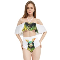 Rabbit T-shirtrabbit Watercolor Painting #rabbit T-shirt (5) Halter Flowy Bikini Set 