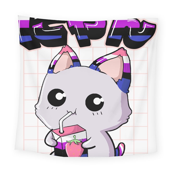 Genderfluid T- Shirt Genderfluid Pride Kawaii Cat Strawberry Milk T- Shirt Square Tapestry (Large)