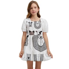 Geometric Animals T- Shirt Friendly Geometric Farm Animals    Print    Green Grey Linen Texture Back Kids  Short Sleeve Dolly Dress by ZUXUMI