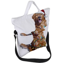 Golden Retriever Dog T- Shirt Golden Retriever Dog Santa Christmas Tree Lights Xmas T- Shirt Fold Over Handle Tote Bag