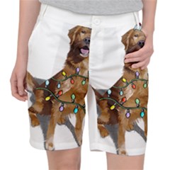 Golden Retriever Dog T- Shirt Golden Retriever Dog Santa Christmas Tree Lights Xmas T- Shirt Women s Pocket Shorts