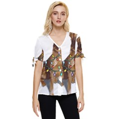 Golden Retriever Dog T- Shirt Golden Retriever Dog Santa Christmas Tree Lights Xmas T- Shirt Bow Sleeve Button Up Top