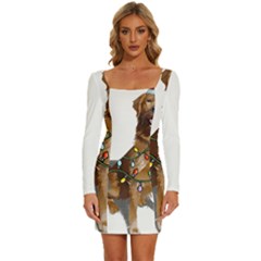 Golden Retriever Dog T- Shirt Golden Retriever Dog Santa Christmas Tree Lights Xmas T- Shirt Long Sleeve Square Neck Bodycon Velvet Dress