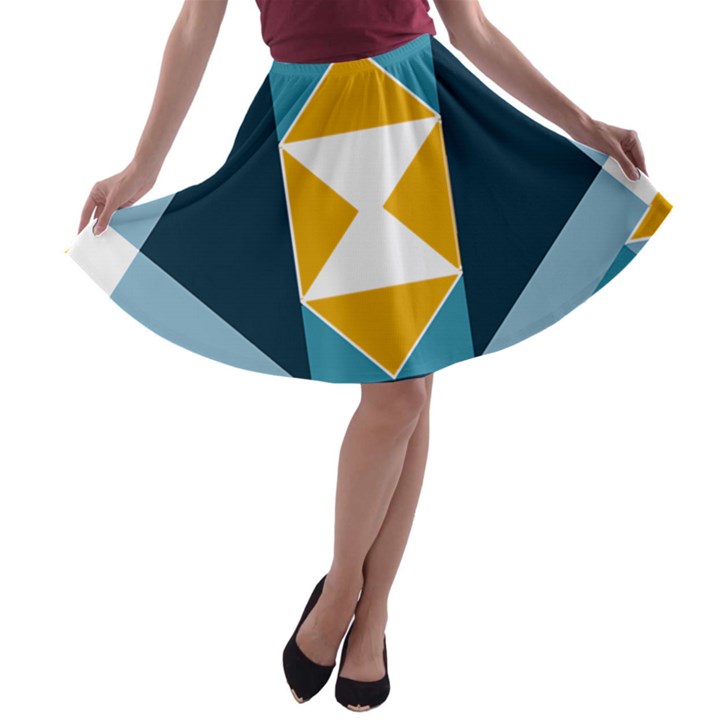 Abstract Pattern T- Shirt Hourglass Pattern  Sunburst Tones Abstract  Blue And Gold  Soft Furnishing A-line Skater Skirt