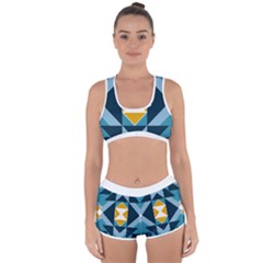 Abstract Pattern T- Shirt Hourglass Pattern  Sunburst Tones Abstract  Blue And Gold  Soft Furnishing Racerback Boyleg Bikini Set by EnriqueJohnson