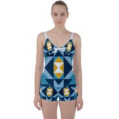 Abstract Pattern T- Shirt Hourglass Pattern  Sunburst Tones Abstract  Blue And Gold  Soft Furnishing Tie Front Two Piece Tankini by EnriqueJohnson