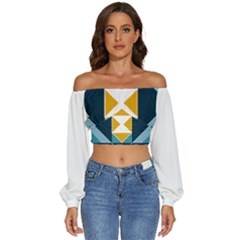 Abstract Pattern T- Shirt Hourglass Pattern  Sunburst Tones Abstract  Blue And Gold  Soft Furnishing Long Sleeve Crinkled Weave Crop Top by EnriqueJohnson