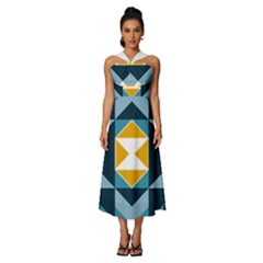 Abstract Pattern T- Shirt Hourglass Pattern  Sunburst Tones Abstract  Blue And Gold  Soft Furnishing Sleeveless Cross Front Cocktail Midi Chiffon Dress by EnriqueJohnson