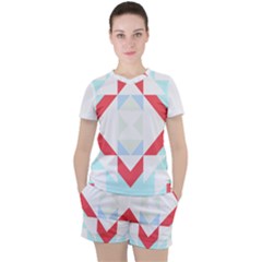 Abstract Pattern T- Shirt Hourglass Pattern  Urban Tones Abstract  Blue And Red  Soft Furnishings 4 Women s T-shirt And Shorts Set