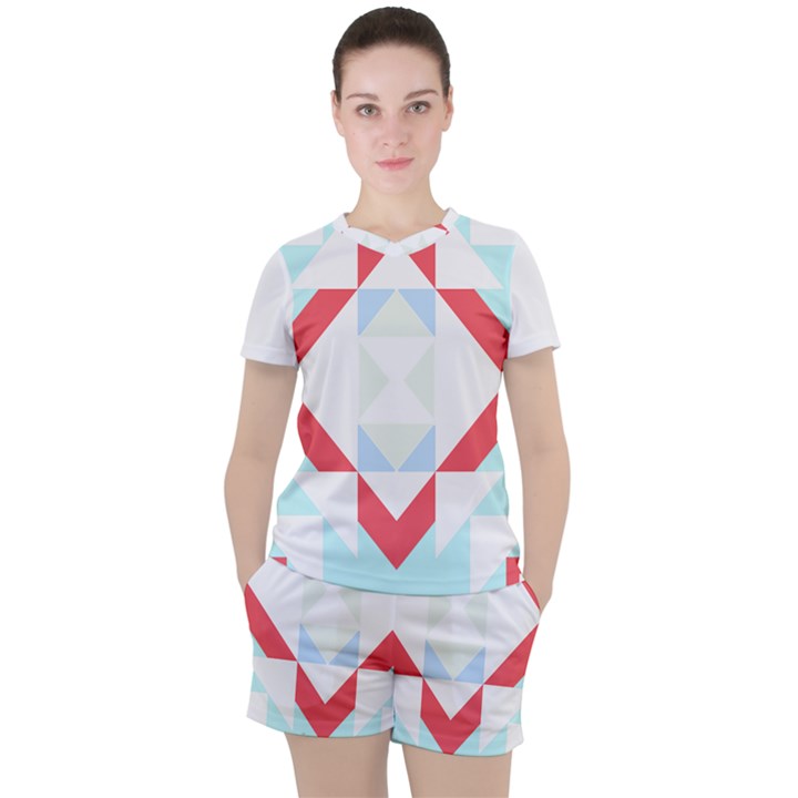 Abstract Pattern T- Shirt Hourglass Pattern  Urban Tones Abstract  Blue And Red  Soft Furnishings 4 Women s T-Shirt and Shorts Set