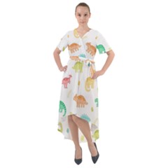 Animals Dinosaurs T-rex Pattern Front Wrap High Low Dress by Pakjumat