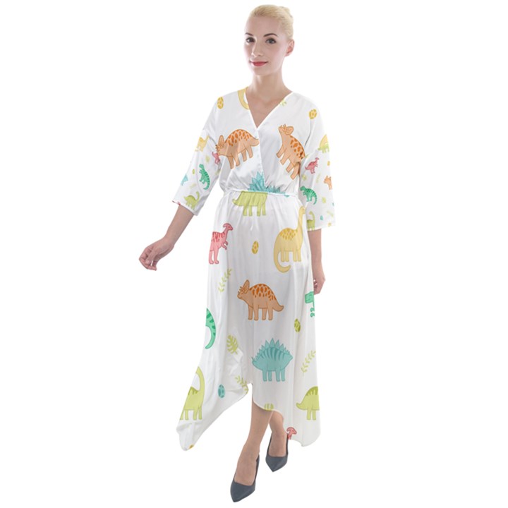 Animals Dinosaurs T-rex Pattern Quarter Sleeve Wrap Front Maxi Dress