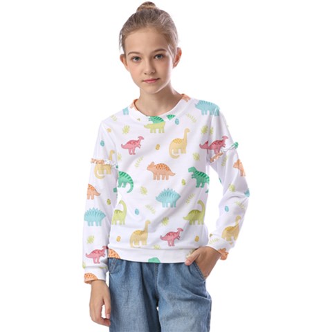 Animals Dinosaurs T-rex Pattern Kids  Long Sleeve T-shirt With Frill  by Pakjumat