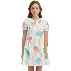 Animals Dinosaurs T-rex Pattern Kids  Bow Tie Puff Sleeve Dress by Pakjumat