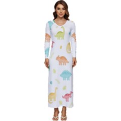 Animals Dinosaurs T-rex Pattern Long Sleeve Longline Maxi Dress by Pakjumat