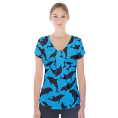 Dolphin Silhouette Pattern Short Sleeve Front Detail Top