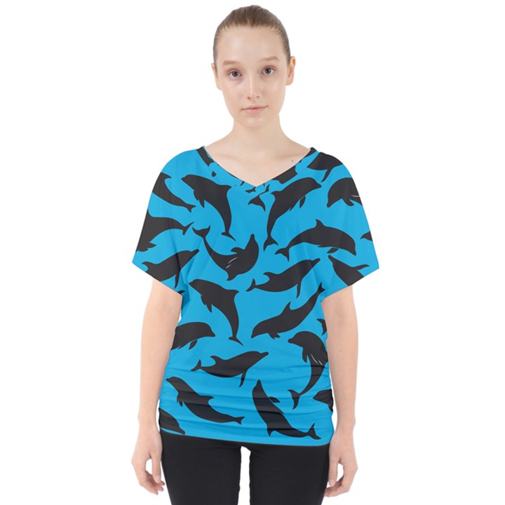 Dolphin Silhouette Pattern V-Neck Dolman Drape Top