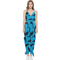 Dolphin Silhouette Pattern Sleeveless Tie Ankle Chiffon Jumpsuit by Pakjumat