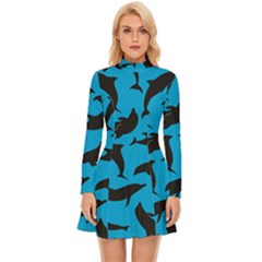 Dolphin Silhouette Pattern Long Sleeve Velour Longline Dress