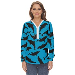 Dolphin Silhouette Pattern Zip Up Long Sleeve Blouse