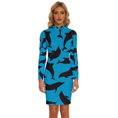 Dolphin Silhouette Pattern Long Sleeve Shirt Collar Bodycon Dress by Pakjumat