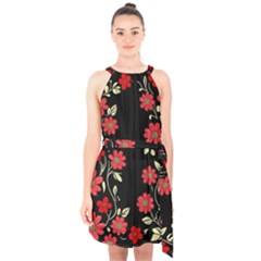 Pattern Flowers Design Nature Halter Collar Waist Tie Chiffon Dress