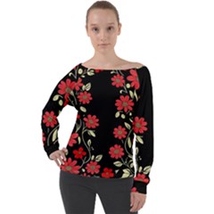 Pattern Flowers Design Nature Off Shoulder Long Sleeve Velour Top