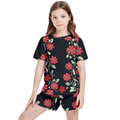 Pattern Flowers Design Nature Kids  T-shirt And Sports Shorts Set