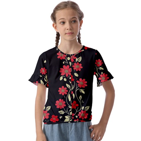 Pattern Flowers Design Nature Kids  Cuff Sleeve Scrunch Bottom T-shirt by Pakjumat