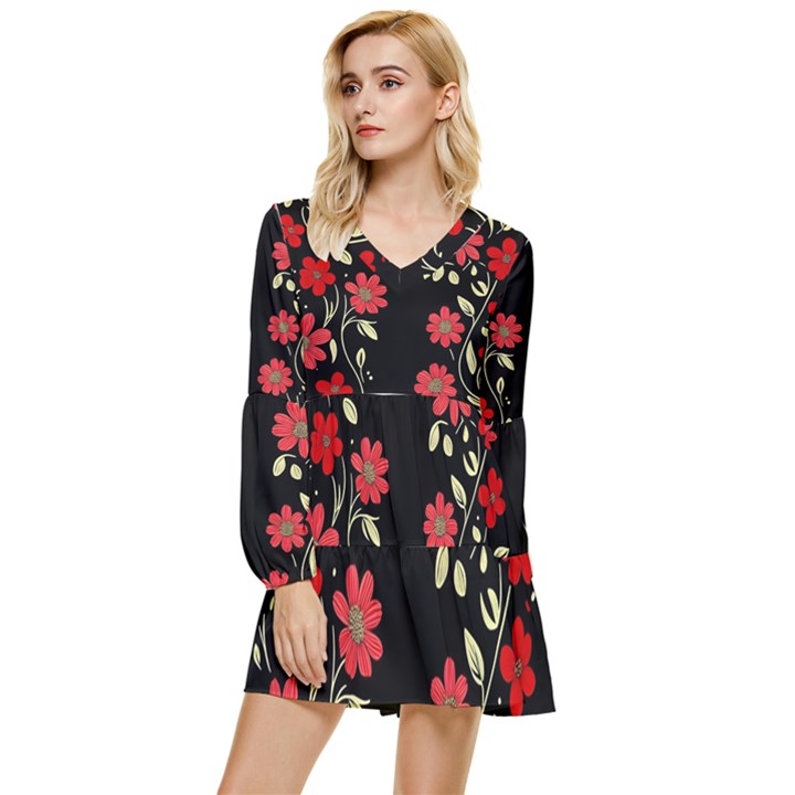 Pattern Flowers Design Nature Tiered Long Sleeve Mini Dress