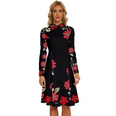 Pattern Flowers Design Nature Long Sleeve Shirt Collar A-line Dress