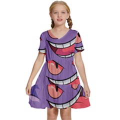 Purple Funny Monster Kids  Short Sleeve Tiered Mini Dress by Sarkoni