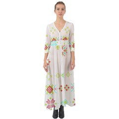 Christmas Cross Stitch Pattern Effect Holidays Symmetry Button Up Boho Maxi Dress by Sarkoni