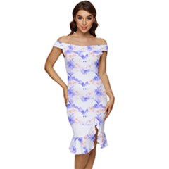 Bat Pattern T- Shirt Bats And Bows Blue Orange T- Shirt Off Shoulder Ruffle Split Hem Bodycon Dress