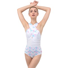 Bat Pattern T- Shirt Bats And Bows Blue Pink T- Shirt Cross Front Low Back Swimsuit