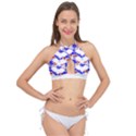 Bat Pattern T- Shirt White Bats And Bows Red Blue T- Shirt Cross Front Halter Bikini Top View1