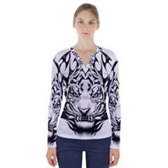 White And Black Tiger V-neck Long Sleeve Top by Sarkoni