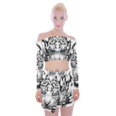 White And Black Tiger Off Shoulder Top With Mini Skirt Set by Sarkoni