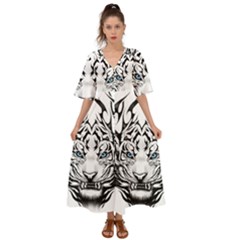 White And Black Tiger Kimono Sleeve Boho Dress by Sarkoni