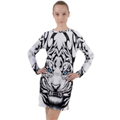 White And Black Tiger Long Sleeve Hoodie Dress by Sarkoni