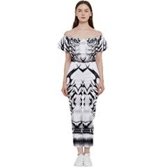 White And Black Tiger Bardot Ruffle Jumpsuit by Sarkoni