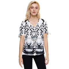 White And Black Tiger Bow Sleeve Button Up Top by Sarkoni