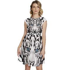 White And Black Tiger Cap Sleeve High Waist Dress by Sarkoni