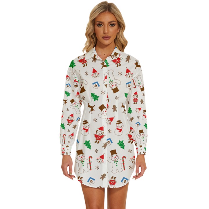 Christmas Santa Claus Pattern Womens Long Sleeve Shirt Dress